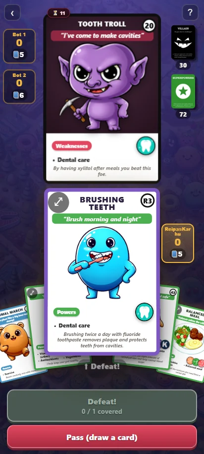 A villain on the table — pick the card whose superpower hits its weakness